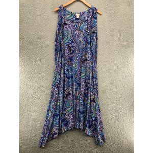 Chicos Dress Womens 2 US 12/14 Blue Paisley Tank Midi Stretch Sharkbite Hem NWT